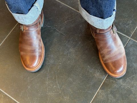 Photo by mulceber on April 1, 2025 of the John Lofgren Wabash Engineer Boots in Horween Natural Chromexcel.