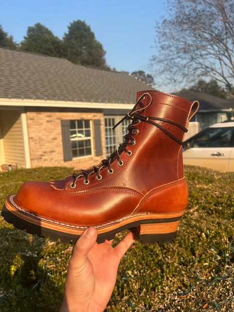 Photo by AlmightyRacko on December 20, 2024 of the Frank's Boots Lace-To-Toe in Wickett & Craig Tan Oiled Latigo.