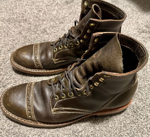 Photo by wk on December 6, 2025 of the White's MP-Sherman Toe Cap in Horween Olive Waxed Flesh.
