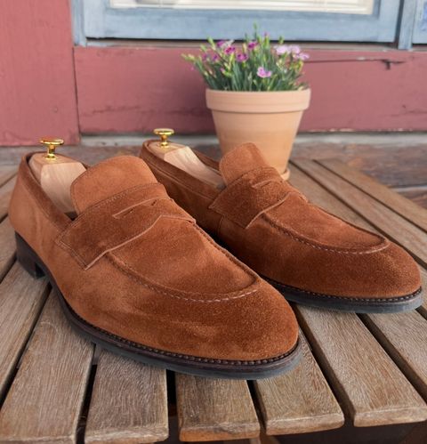 Photo by henkish on July 14, 2026 of the Skolyx Penny Loafer in C.F. Stead Polo Brown Janus Calf Suede.