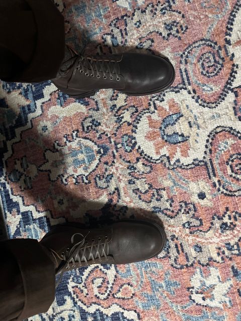 Photo by peckinpaws on March 27, 2025 of the Viberg Service Boot in C.F. Stead Zulu Waxed Kudu.