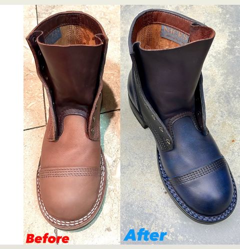 Photo by BlueBootCollective on July 12, 2026 of the Division Road Everyday Man Boots in Italian BLUE Cypress (self-dyed).