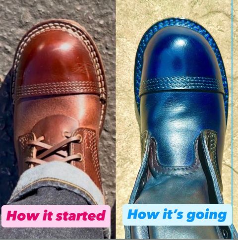 Photo by BlueBootCollective on July 12, 2026 of the Division Road Everyday Man Boots in Italian BLUE Cypress (self-dyed).