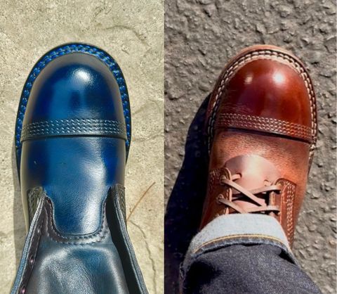 Photo by BlueBootCollective on July 12, 2026 of the Division Road Everyday Man Boots in Italian BLUE Cypress (self-dyed).