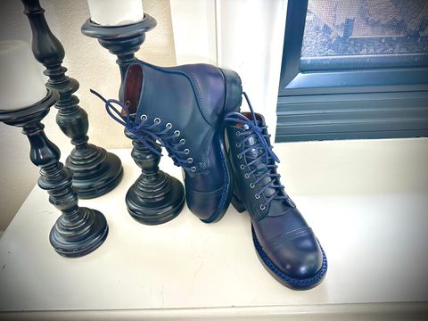 Photo by BlueBootCollective on July 12, 2026 of the Division Road Everyday Man Boots in Italian BLUE Cypress (self-dyed).