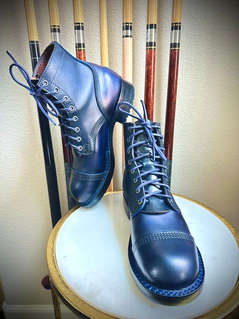 Photo by BlueBootCollective on July 12, 2026 of the Division Road Everyday Man Boots in Italian BLUE Cypress (self-dyed).