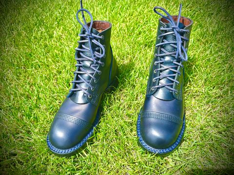 Photo by BlueBootCollective on July 12, 2026 of the Division Road Everyday Man Boots in Italian BLUE Cypress (self-dyed).