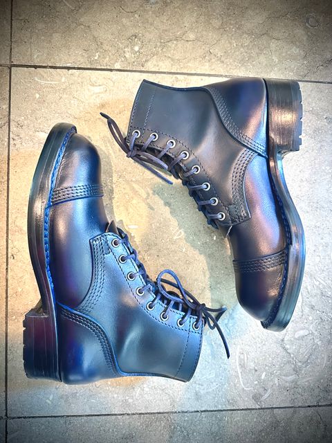 Photo by BlueBootCollective on July 12, 2026 of the Division Road Everyday Man Boots in Italian BLUE Cypress (self-dyed).