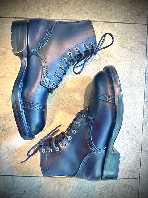 Photo by BlueBootCollective on July 12, 2026 of the Division Road Everyday Man Boots in Italian BLUE Cypress (self-dyed).