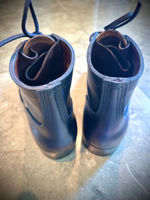Photo by BlueBootCollective on July 12, 2026 of the Division Road Everyday Man Boots in Italian BLUE Cypress (self-dyed).