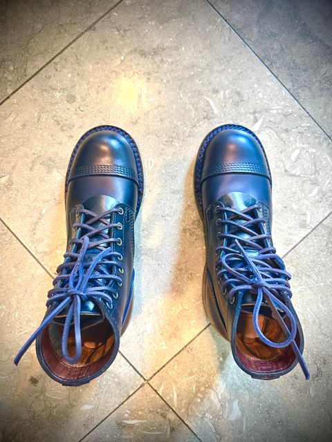 Photo by BlueBootCollective on July 12, 2026 of the Division Road Everyday Man Boots in Italian BLUE Cypress (self-dyed).