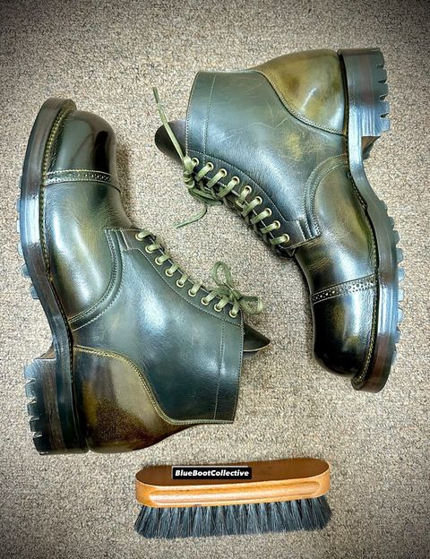 Photo by BlueBootCollective on July 13, 2026 of the Viberg Service Boot BCT in Horween Natural Cypress to Custom OD Green (self dyed)..
