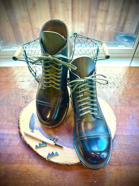 Photo by BlueBootCollective on July 15, 2026 of the Viberg Service Boot BCT in Horween Natural Cypress to Custom OD Green (self dyed)..