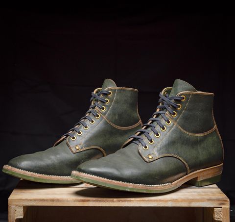 Photo by ScuffedUpKicks on April 5, 2026 of the Iron Boots x Østmo Type 1 in Maryam Dark Green Hand-Dyed Horsehide.
