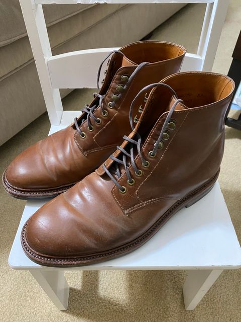 Photo by ZacharyQian on March 6, 2025 of the Grant Stone Edward Boot in Horween Unglazed Natural Shell Cordovan.