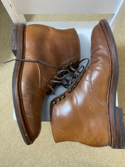 Photo by ZacharyQian on April 6, 2025 of the Grant Stone Edward Boot in Horween Unglazed Natural Shell Cordovan.