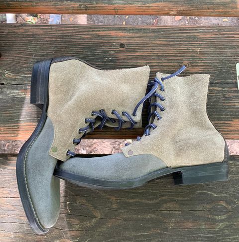 Photo by Emily on September 30, 2025 of the NF Bootmaker Belmont Boot in C.F. Stead Milkshake Desert Oasis Suede & C.F. Stead Flint Kudu & Horween Washed Black Chromexcel & C.F. Stead Storm Suede.