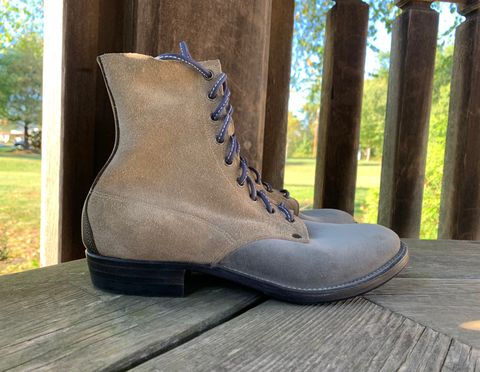 Photo by Emily on October 1, 2025 of the NF Bootmaker Belmont Boot in C.F. Stead Milkshake Desert Oasis Suede & C.F. Stead Flint Kudu & Horween Washed Black Chromexcel & C.F. Stead Storm Suede.