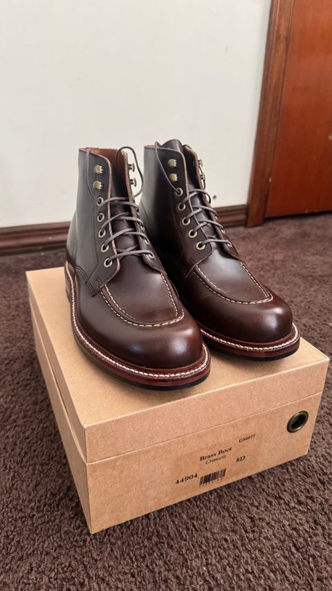 Photo by Josephjay21 on April 23, 2025 of the Grant Stone Brass Boot in Horween Crimson Chromexcel.