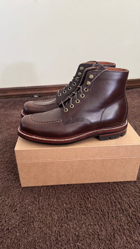 Photo by Josephjay21 on April 23, 2025 of the Grant Stone Brass Boot in Horween Crimson Chromexcel.