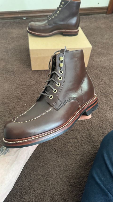 Photo by Josephjay21 on April 23, 2025 of the Grant Stone Brass Boot in Horween Crimson Chromexcel.