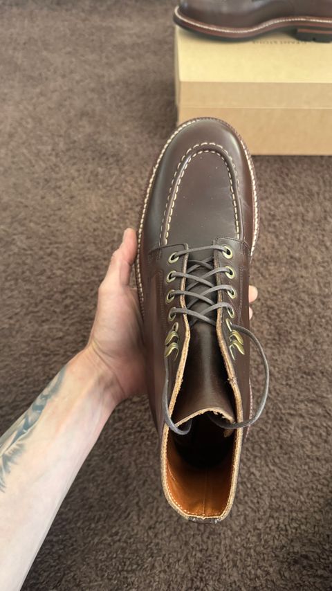 Photo by Josephjay21 on April 23, 2025 of the Grant Stone Brass Boot in Horween Crimson Chromexcel.