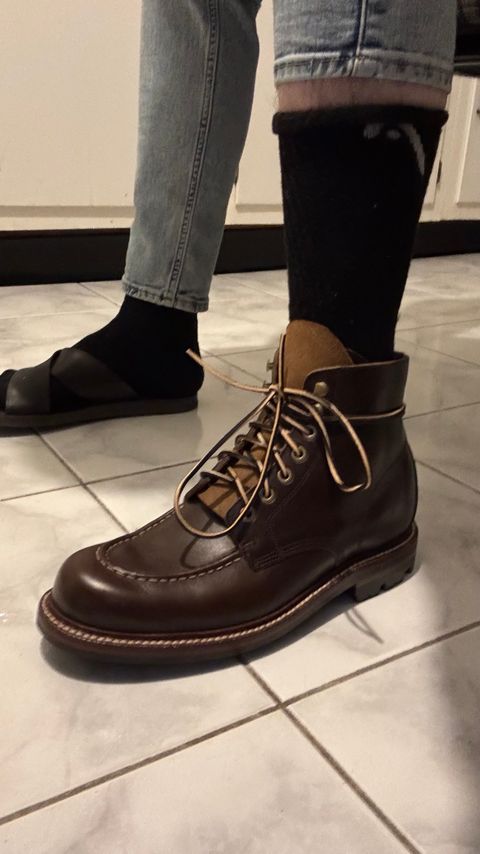 Photo by Josephjay21 on April 24, 2025 of the Grant Stone Brass Boot in Horween Crimson Chromexcel.