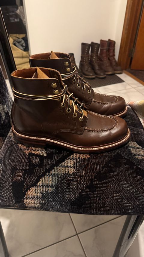 Photo by Josephjay21 on April 24, 2025 of the Grant Stone Brass Boot in Horween Crimson Chromexcel.