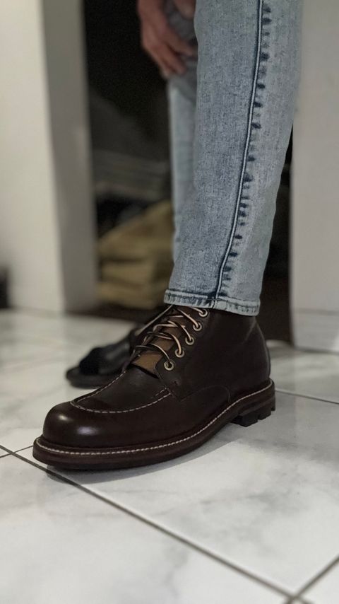 Photo by Josephjay21 on April 24, 2025 of the Grant Stone Brass Boot in Horween Crimson Chromexcel.