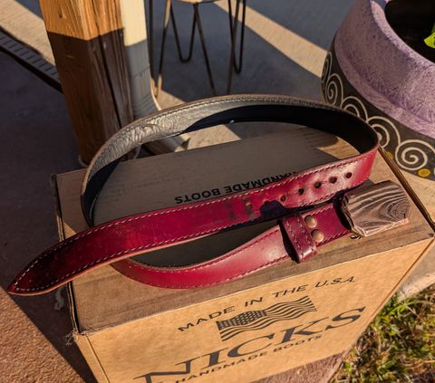 Photo by undertension on December 2, 2025 of the Self-Made Picket Belt in Wickett & Craig Crimson Double Stuffed.