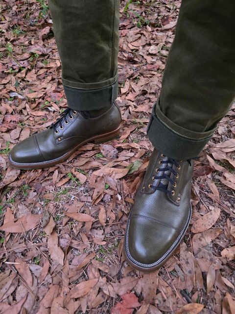 Photo by markieballa on December 24, 2025 of the Iron Boots x Østmo Type 1 in Horween Pioneer Hand-dyed Patinated Green.