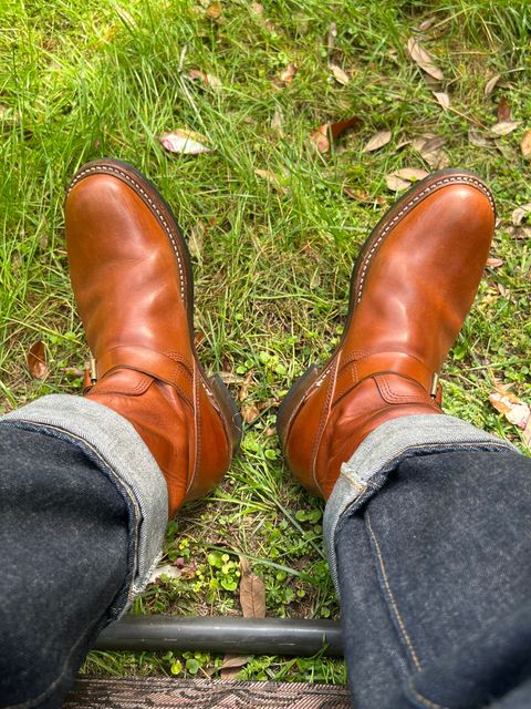 Photo by sons.moon.leather on March 16, 2025 of the John Lofgren Wabash Engineer Boots in Badalassi Carlo Cognac Minerva.