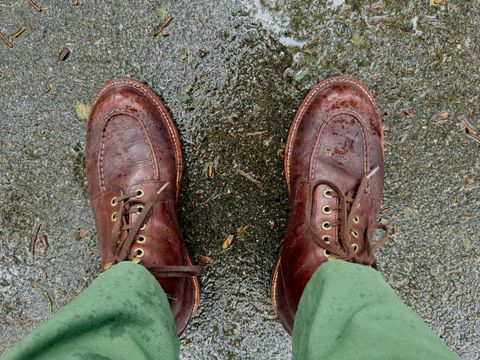 Photo by noneck on May 24, 2026 of the Grant Stone Brass Boot in Horween Crimson Chromexcel.