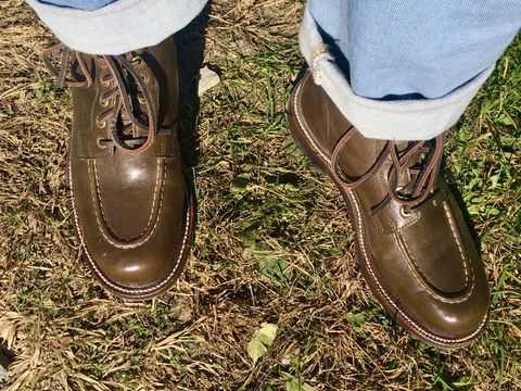 Photo by Bossa on October 12, 2024 of the Grant Stone Brass Boot in Incas Jungle Kangaroo.