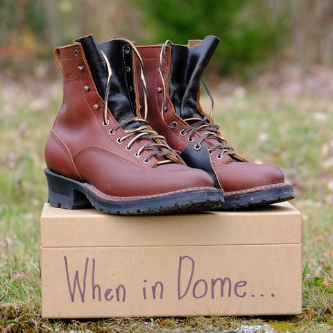 Photo by stitchdown_collabs on November 5, 2024 of the White's Whites X Stitchdown Cliff Boot in Seidel Red Dog Oil Tan & Horween Black Waxed Flesh.