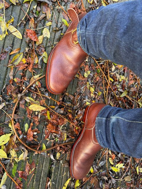 Photo by indigoworker on November 2, 2025 of the Benzein The Keeper 'Type 2' Engineer Boot in Shinki Natural Oiled Horsebutt Overdyed Brown.