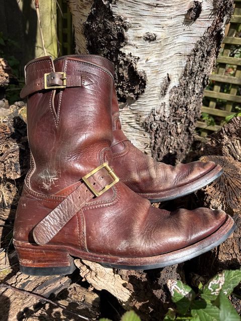 Photo by indigoworker on April 5, 2026 of the Benzein The Keeper 'Type 2' Engineer Boot in Shinki Natural Oiled Horsebutt Overdyed Brown.