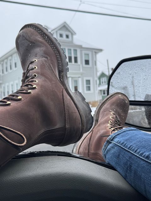 Photo by cleofus on February 6, 2025 of the Nick’s Handmade Boots Builder Pros in 1964 Mahogany.