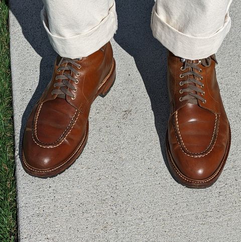 Photo by booty on March 13, 2025 of the Joe Works Shoemaker Apron Derby in Shinki Whisky Shell Cordovan.