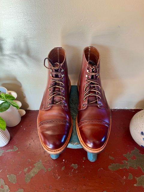 Photo by lopsided_buffalo on December 12, 2024 of the Rancourt & Co. Porter Boot in Horween Espresso Shell Cordovan.