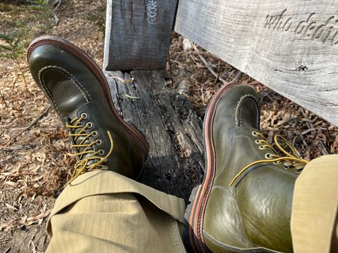 Photo by Abel on March 23, 2025 of the Grant Stone Brass Boot in Badalassi Carlo Olive Green Minerva.