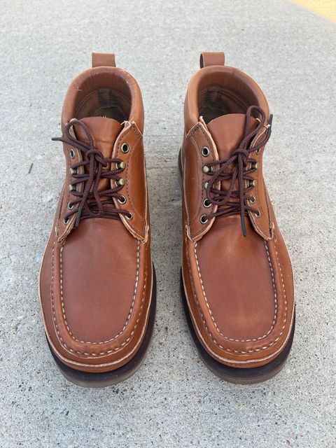 Photo by Chainstitch_1893 on October 5, 2025 of the Russell Moccasin Co. Traveling Sportsman in Tanneries Haas Tan French Veal.