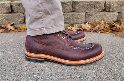 Photo by Bootropolis on December 8, 2023 of the Grant Stone Brass Boot in C.F. Stead Dark Burgundy Classic Kudu.