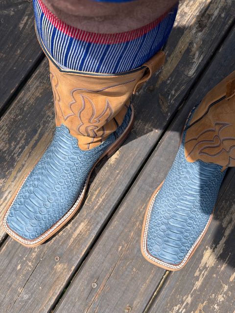 Photo by BigDawg308 on July 20, 2026 of the Anderson Bean Wide Square Toe in Blue Jean Python.