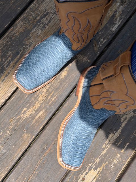Photo by BigDawg308 on July 20, 2026 of the Anderson Bean Wide Square Toe in Blue Jean Python.