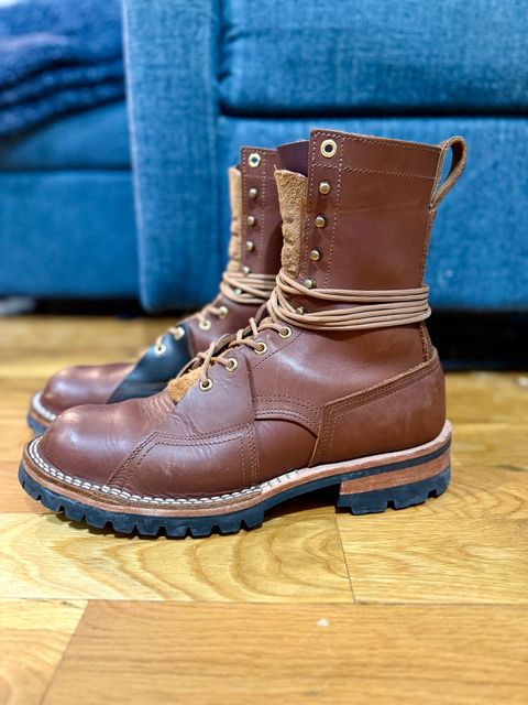 Photo by PublicVanilla7328 on February 6, 2026 of the Nicks Handmade Boots Nicks X Rose Anvil ND2 in 1964 Brown/Brown Waxed Flesh.