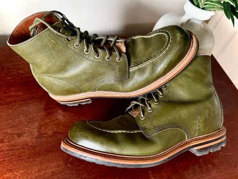 Photo by MaticEsq on January 23, 2026 of the Grant Stone Brass Boot in Badalassi Carlo Olive Green Minerva.