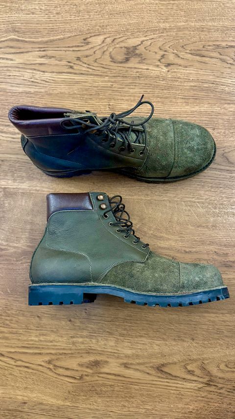 Photo by vdstyleco on July 3, 2026 of the Craft & Glory Himalayan Trailmaster Boots 6" (Grizzly Green) Water Repellent in Full Grain Waxed Water Buffalo.