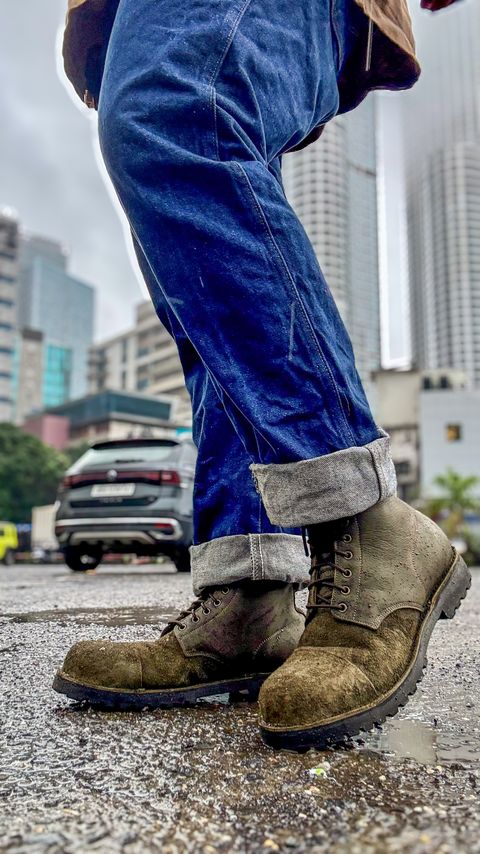 Photo by vdstyleco on July 3, 2026 of the Craft & Glory Himalayan Trailmaster Boots 6" (Grizzly Green) Water Repellent in Full Grain Waxed Water Buffalo.