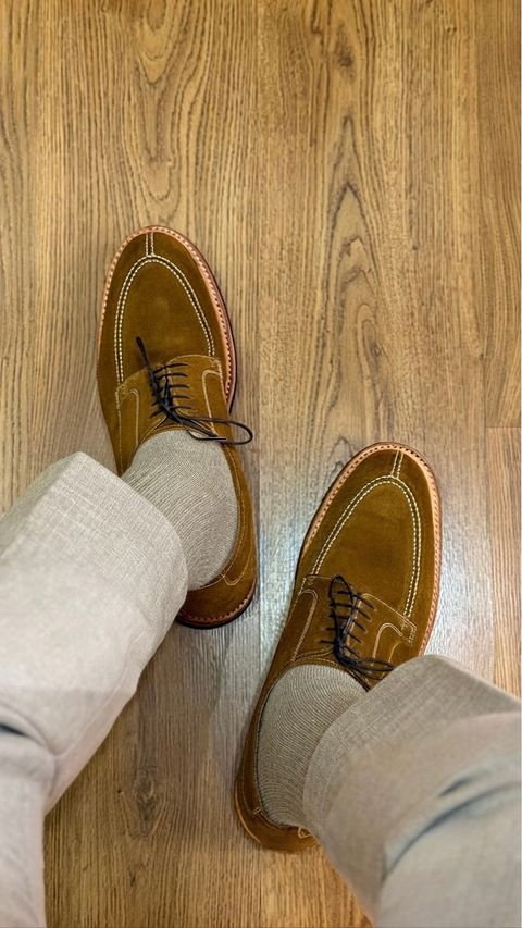 Photo by vdstyleco on July 10, 2026 of the Bridlen Bridlen / Y Tip Derby in C.F. Stead Repello Calf Suede Copper.